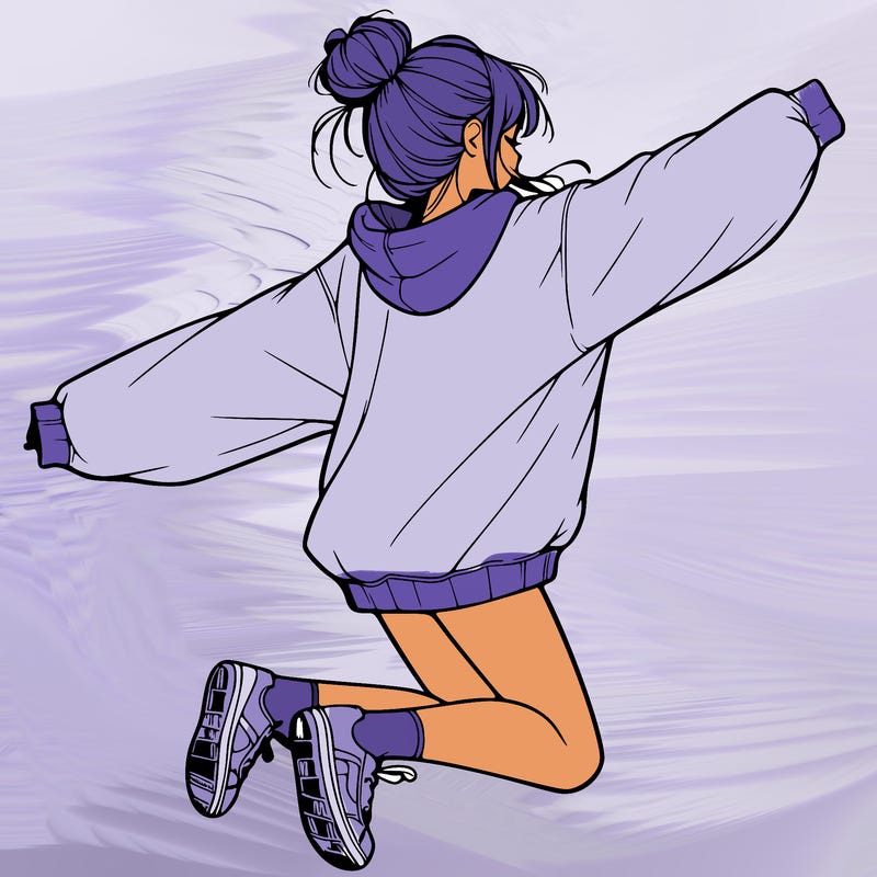 realistic girl jumping with a bun and oversized sweatshirt