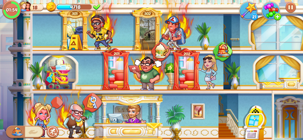 Hotel Fever Tycoon - Jugabilidad de Hotel Fever Tycoon que muestra un lobby de hotel ocupado con huéspedes enfadados y personal gestionando pedidos