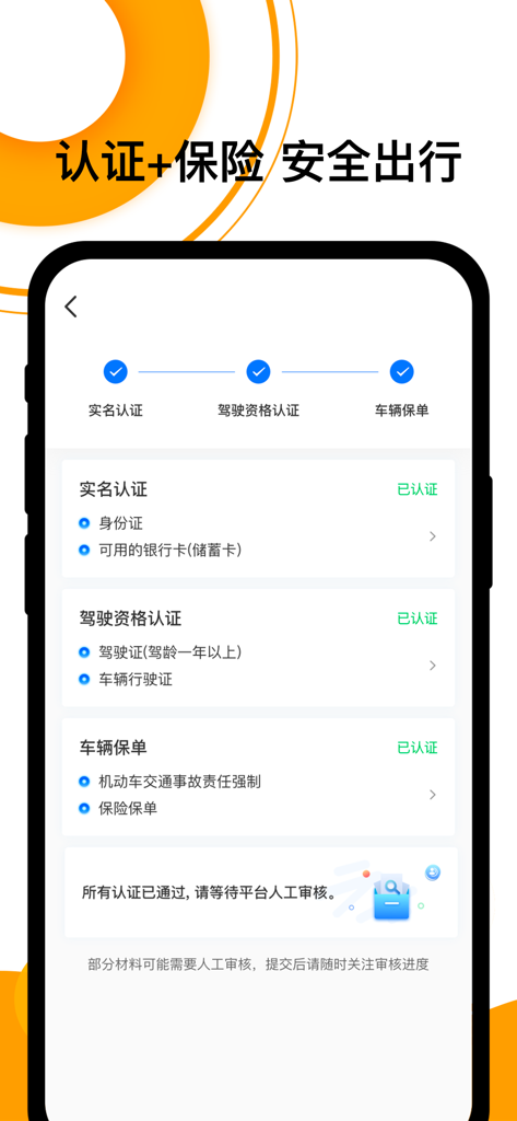Verification screen of the Shunfengche carpooling app for safety and insurance checks