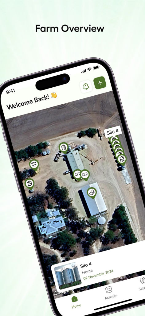 FarmTrak - Mobile app interface showing a satellite map of a farm with markers for grain silos and equipment assets
