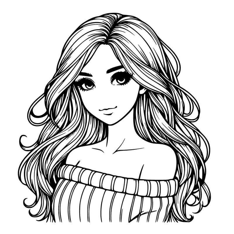 realistic girl with long hair and off shoulder sweater