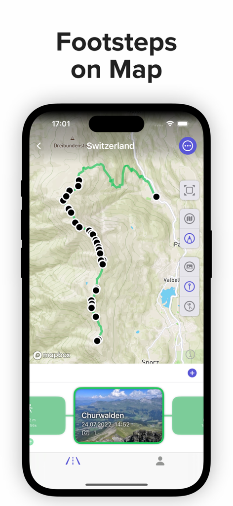 Travel Tracker by PhotoRoute - A hiking route in Switzerland mapped with geotagged photos in the Travel Tracker app.