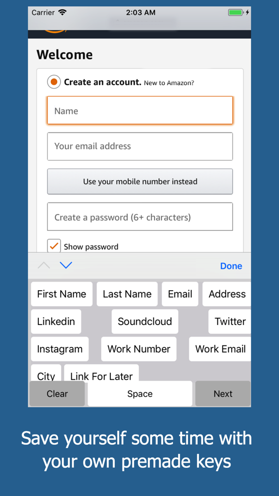 ClipKey custom keyboard with one-tap shortcuts for filling out name email and address fields on a mobile form