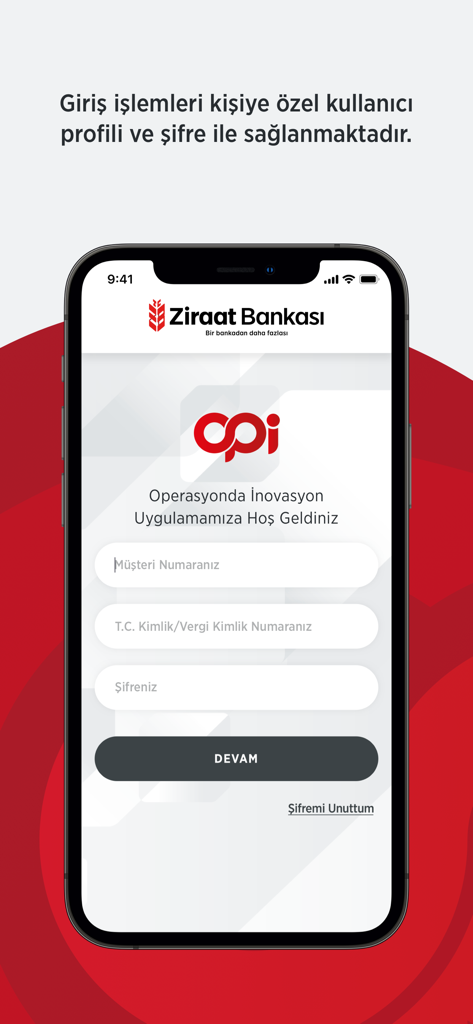 Ziraat Bankasi OPIモバイルアプリのログイン画面。安全な法人バンキングアクセス用の入力フィールドがあります。