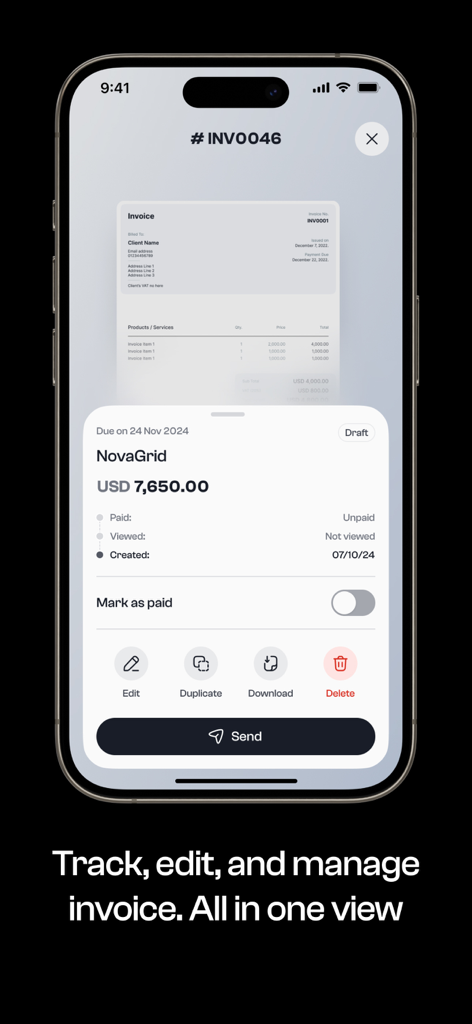 Invoice Maker: InvoEase - iPhone上のInvoEaseアプリのインターフェース。編集、ダウンロード、送信などの詳細な請求書追跡・管理オプションを表示。