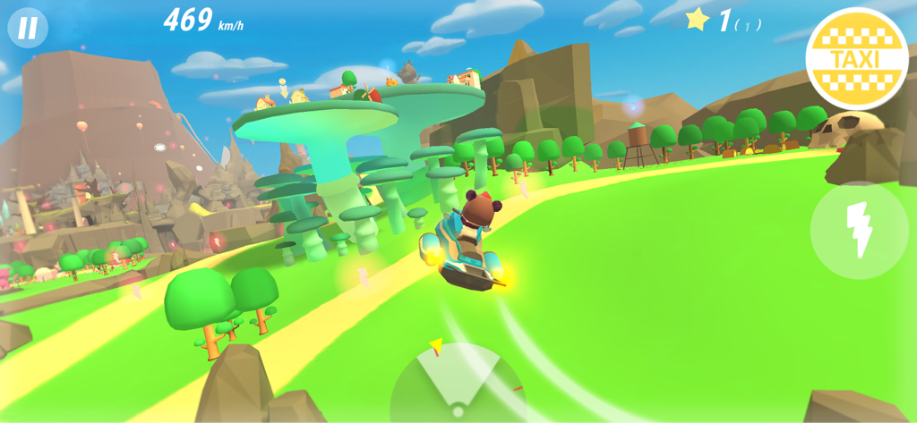 McPanda: Super Pilot Kids Game - McPanda character flying a hoverbike through a colorful cartoon landscape on a taxi mission