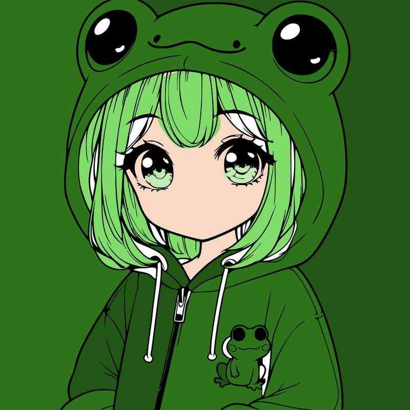 cute realistic girl in a froggy hoodie