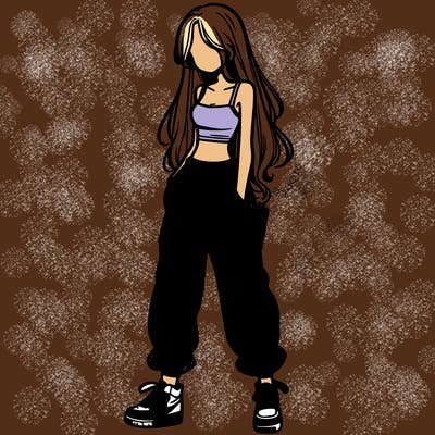 girl in baggy pants crop top and long hair