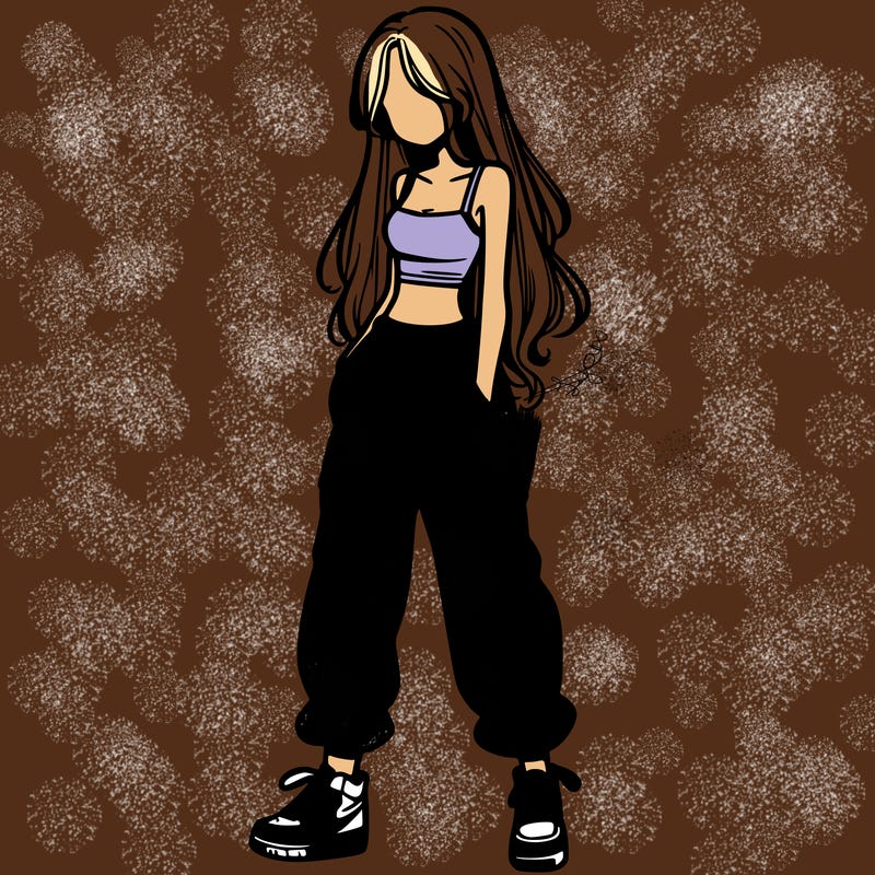 girl in baggy pants crop top and long hair