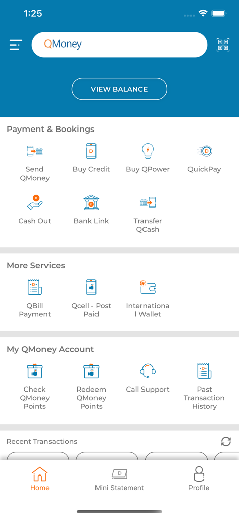 QMoney - Customer - QMoney app home screen interface showing financial service icons for sending money and paying bills