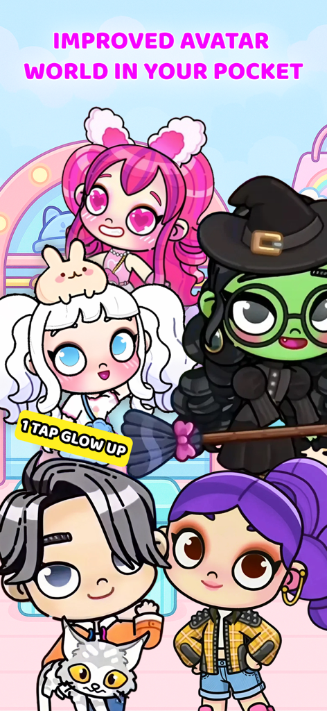 A group of stylish avatar characters in various outfits featuring a witch and trendy fashion styles