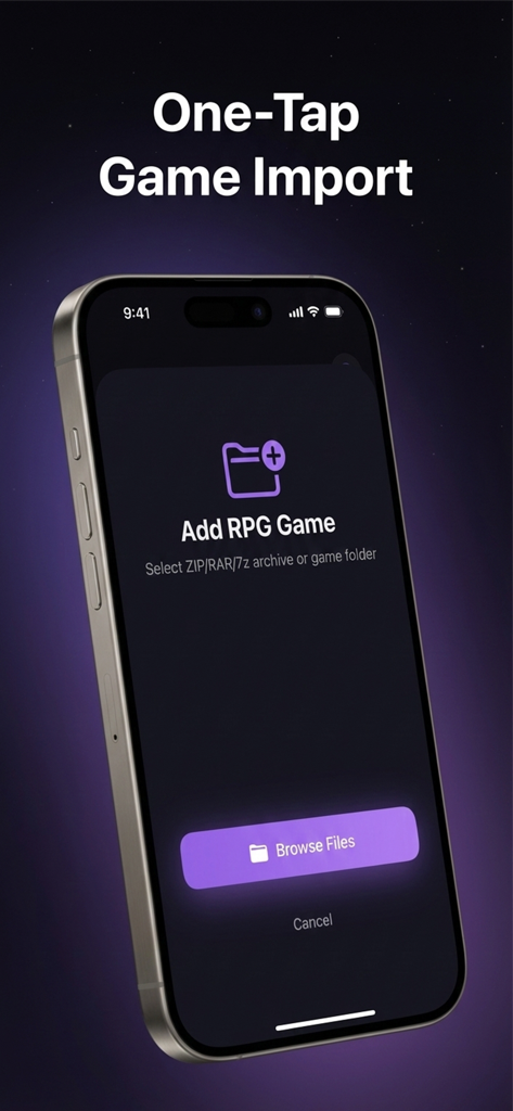 Smartphone screen displaying the one-tap game import feature for RPG Maker games