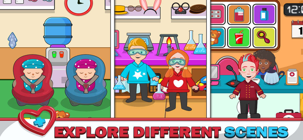 Town Hospital Life - Three gameplay scenes from Town Hospital Life including a baby nursery a science lab and a reception area