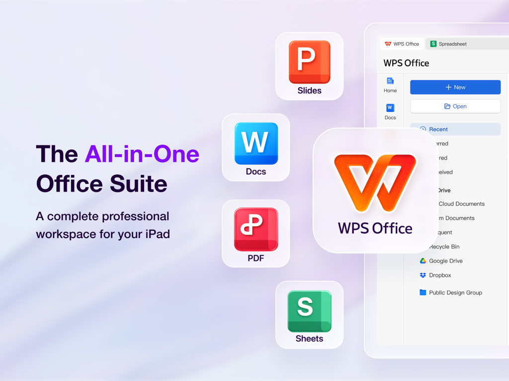 WPS for Pad: AI Office & PDF - WPS Office for iPad showcasing an all-in-one workspace with integrated Docs Slides PDF and Sheets tools