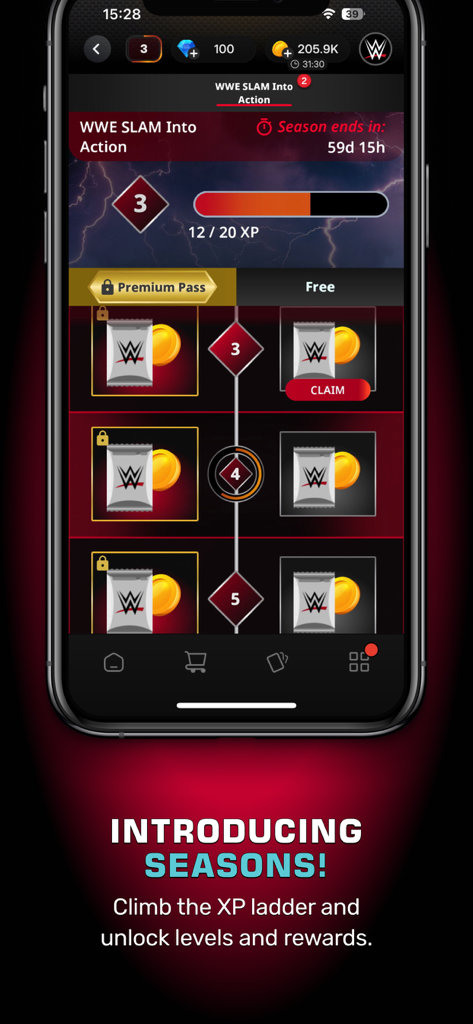 WWE SLAM Card Trader app displaying the new Seasons mode with XP ladder and reward tracks for card packs and coins.