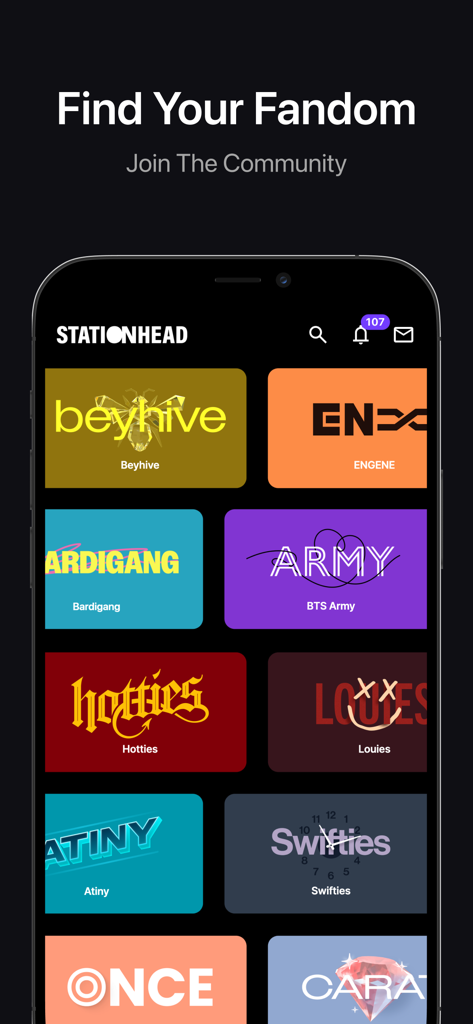 Stationhead app interface showing a list of music fandom communities including Beyhive, BTS Army, and Swifties.