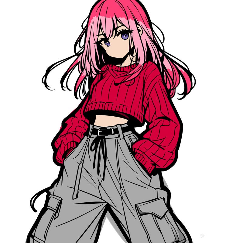 anime teen girl with baggy pants and crop top with sweater