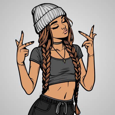 realistic teenage girl with braids and a beanie and crop top doing 🫶🏼