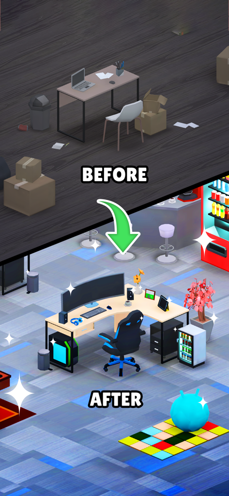 Bitcoin Empire - Un confronto prima e dopo tra una semplice scrivania e una postazione di mining crypto high-tech in Bitcoin Empire.