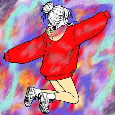 realistic girl jumping with a bun and oversized sweatshirt