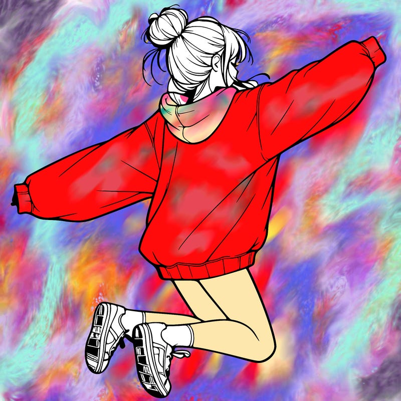 realistic girl jumping with a bun and oversized sweatshirt