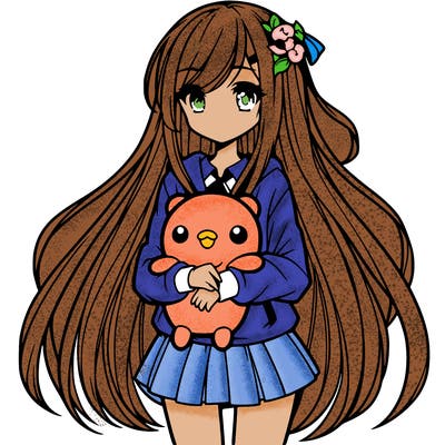 a girl with long hair holding a plushie also anime styled