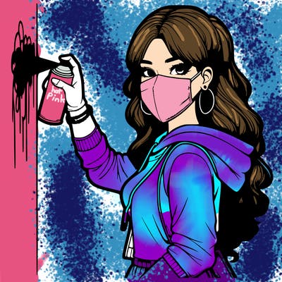 realistic girl with mask spray painting a wall