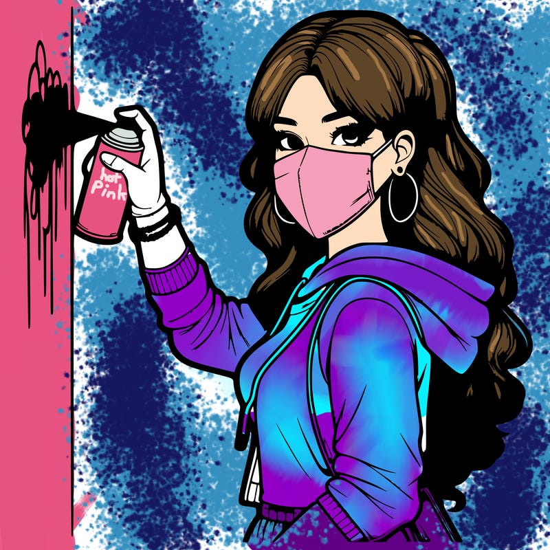 realistic girl with mask spray painting a wall