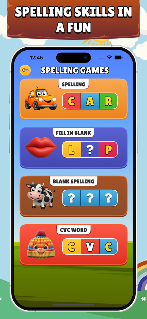Spelling Games - Learn to Read - Interfaz de la aplicación Juegos de Ortografía con modos educativos como Rellenar el Blanco y Ortografía en Blanco con gráficos coloridos.