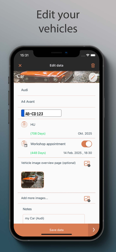 Mobile app screen for editing vehicle information and inspection dates