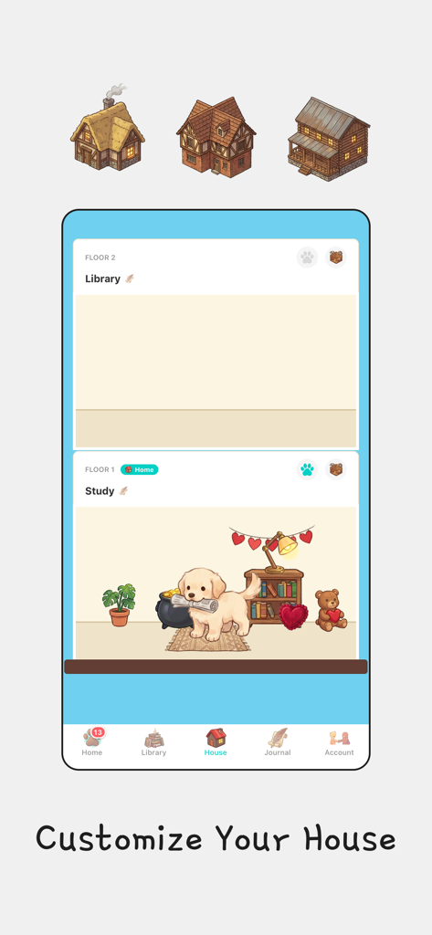 Interface of the epup app showing virtual house customization with a pet dog in a study room.