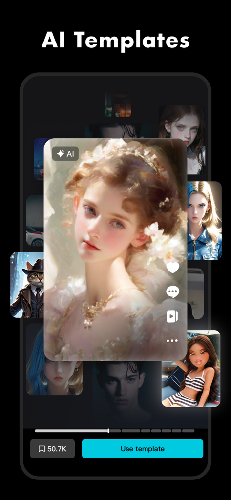Mobile interface of CapCut app showcasing AI templates with various stylized portraits and a use template button