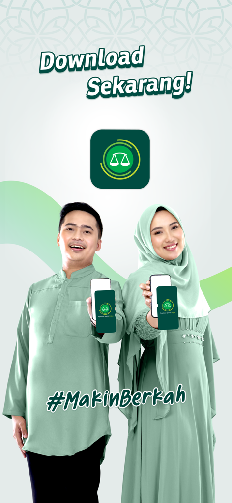 Pegadaian Syariah Digital - 伝統的な衣装を着たインドネシアの男性と女性が、Pegadaian Syariah Digitalアプリとダウンロードテキストが表示されたスマートフォンを手に持っている