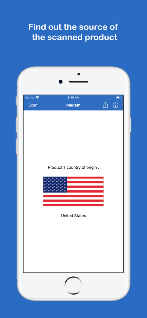 Interfaz de aplicación móvil que muestra la bandera de los Estados Unidos como país de origen de un producto escaneado