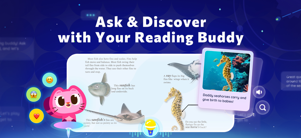Reading Stars: Books for Kids - A pink cartoon character helps a child learn about sea life in the Reading Stars app