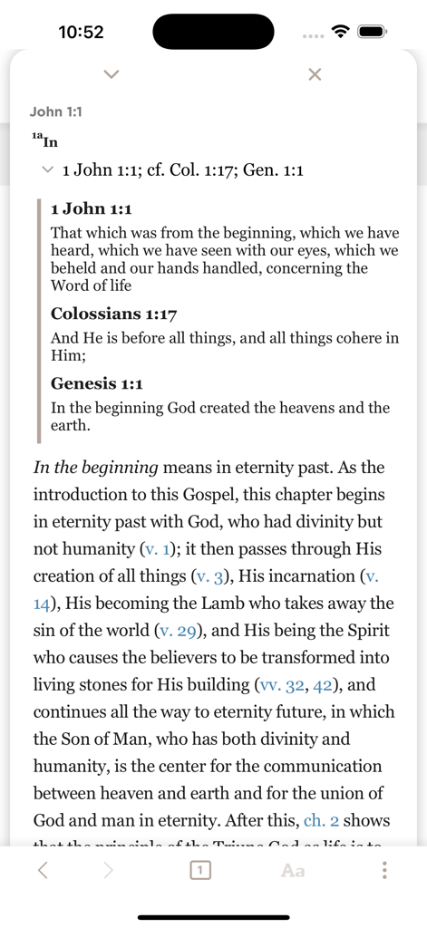 Holy Bible Recovery Version - Holy Bible Recovery Version app study screen showing cross references and detailed footnotes for the Gospel of John