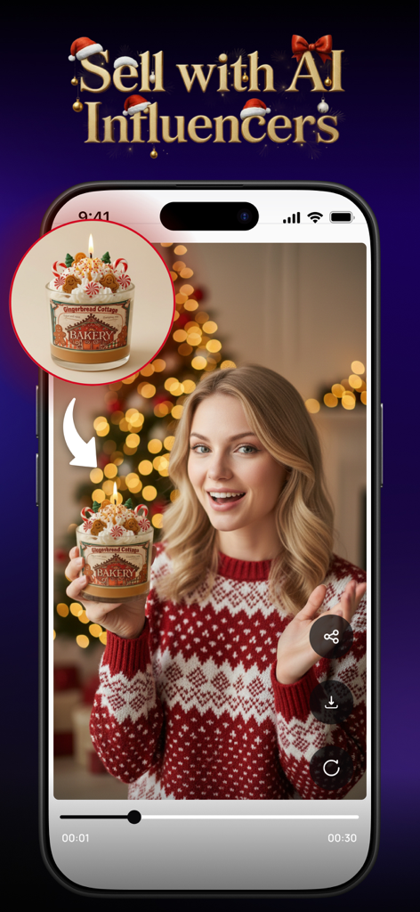 Hexa AI app interface featuring an AI influencer for festive product marketing