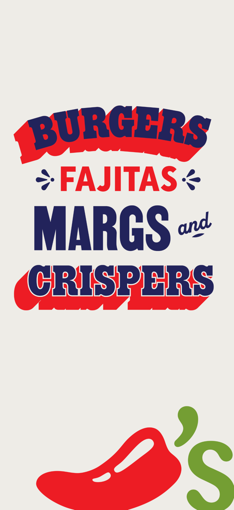 Chilis - Chilis app screen displaying popular menu items including burgers, fajitas, margs, and crispers.