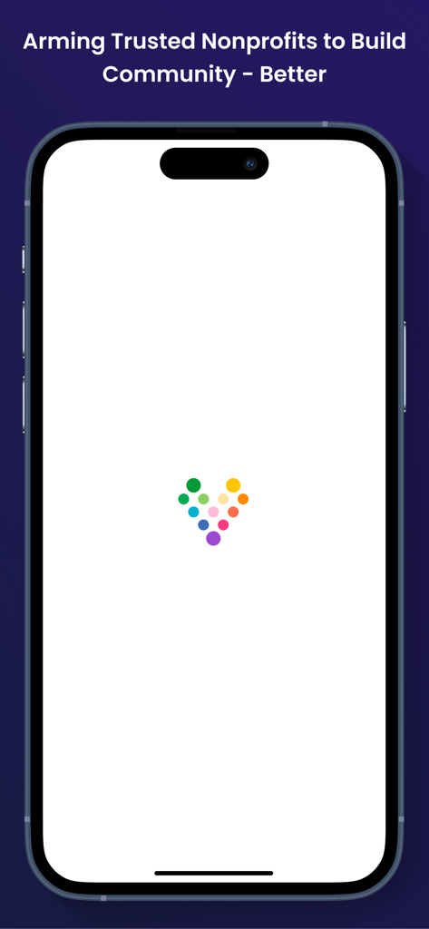 BigHeart App - BigHeart App splash screen featuring a colorful dotted heart logo and a mission statement about building nonprofit communities