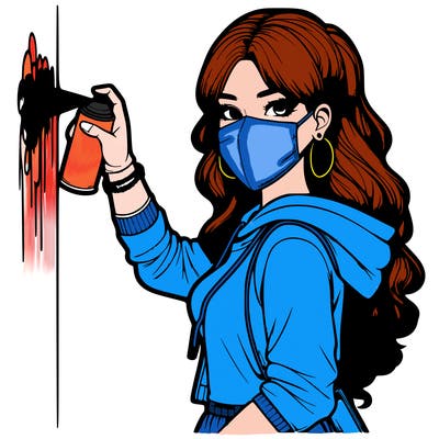 realistic girl with mask spray painting a wall