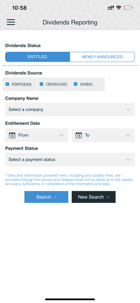 Tadawulaty - تداولاتي - Dividends reporting search screen in the Tadawulaty app for Saudi Stock Exchange investors