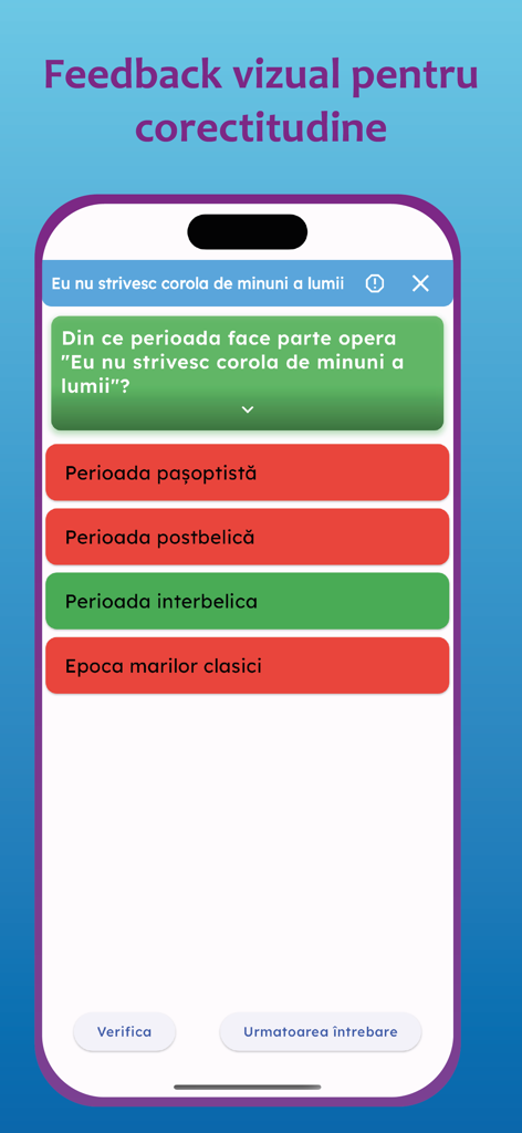 Interactive quiz screen from the Quizuri BAC Romana app showing visual feedback with green and red highlighting for correct and incorrect answers