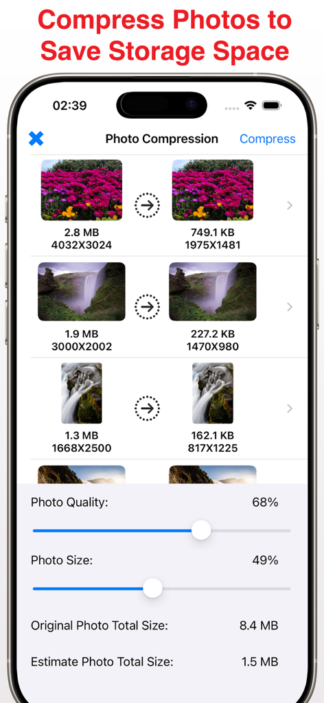 A mobile interface for the Unzip Pro app showing photo compression settings to save device storage space.