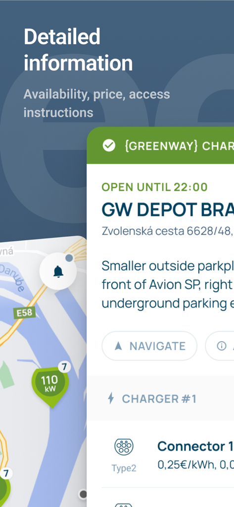 Informações detalhadas sobre a estação de carregamento na aplicação GreenWay EV mostrando preço e disponibilidade