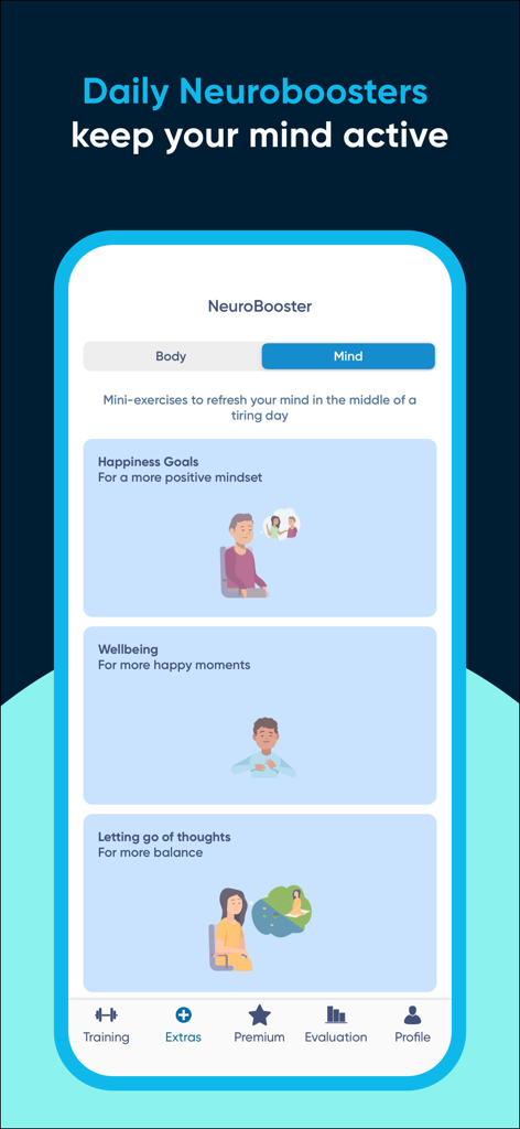 NeuroNation app interface showing Daily Neuroboosters for mind and wellbeing including exercises for happiness goals and mental balance.