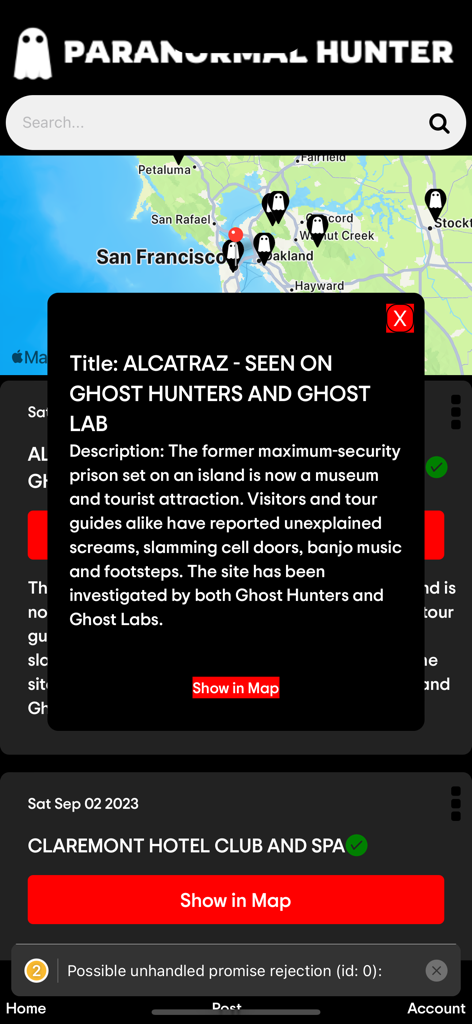 Paranormal Hunter - A map interface in the Paranormal Hunter app showing ghost sighting locations in San Francisco with a descriptive popup for Alcatraz.