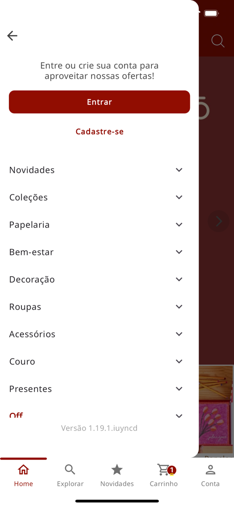 Menú de navegación lateral de la aplicación móvil Papel Craft mostrando categorías de compras e inicio de sesión de cuenta.