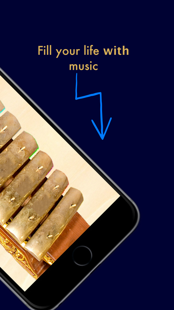Smartphone screen showing a Gamelan Saron musical instrument with the text Fill your life with music
