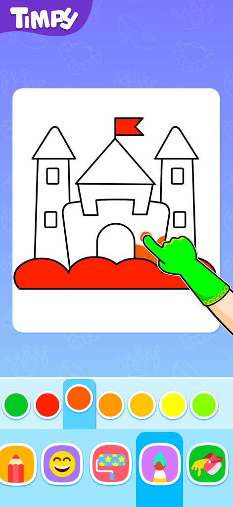 Games for 3 Year Old Girls - A child coloring a digital princess castle on a preschool learning app