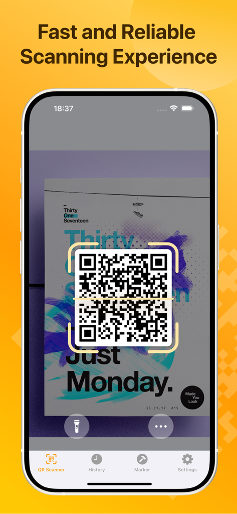 QR Code Scanner: QR Reader - Pantalla de iPhone mostrando la interfaz de la aplicación de escáner de códigos QR escaneando un código en un póster con una experiencia rápida y confiable